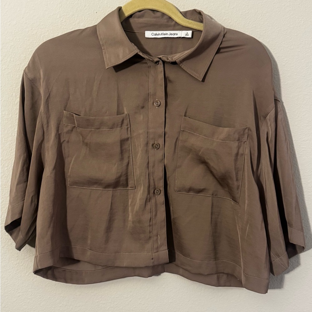 Calvin Klein Jeans Women's Brown Taupe Button-Up Cropped Top